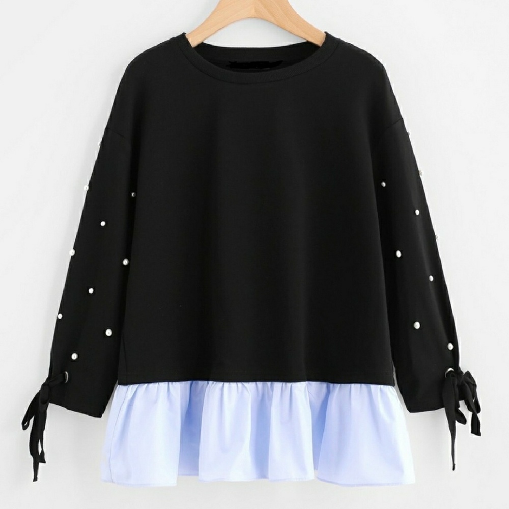 Pearl Studded Colorblock Sweatshirt w/ Tied Cuffs